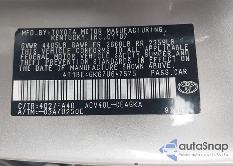 2007 Toyota Camry Xle z USA, uszkodzony, nr VIN 4T1BE46K67U647575